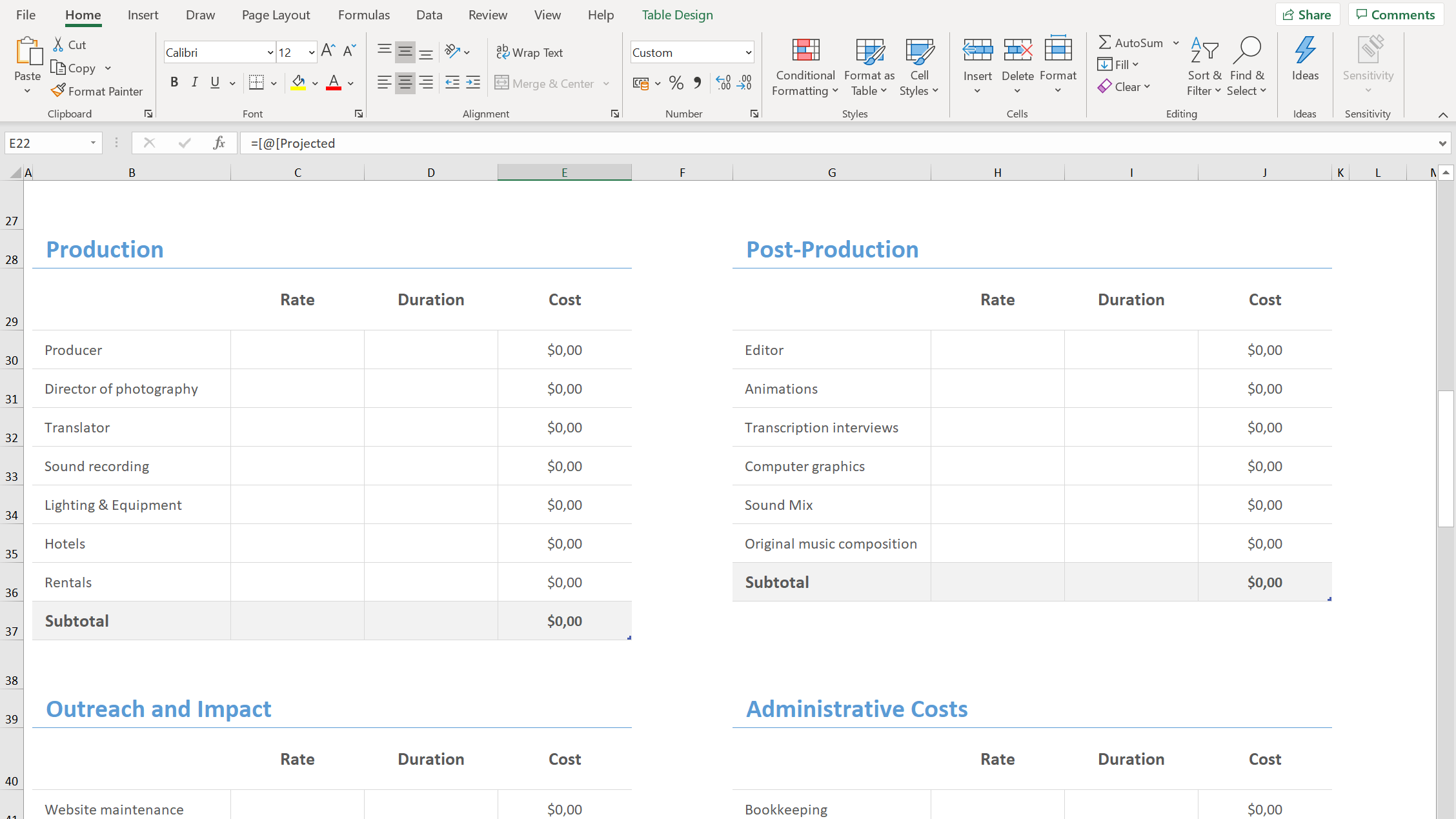 Excel Vorlage zur Kalkulation des Budgets einer Medienproduktion