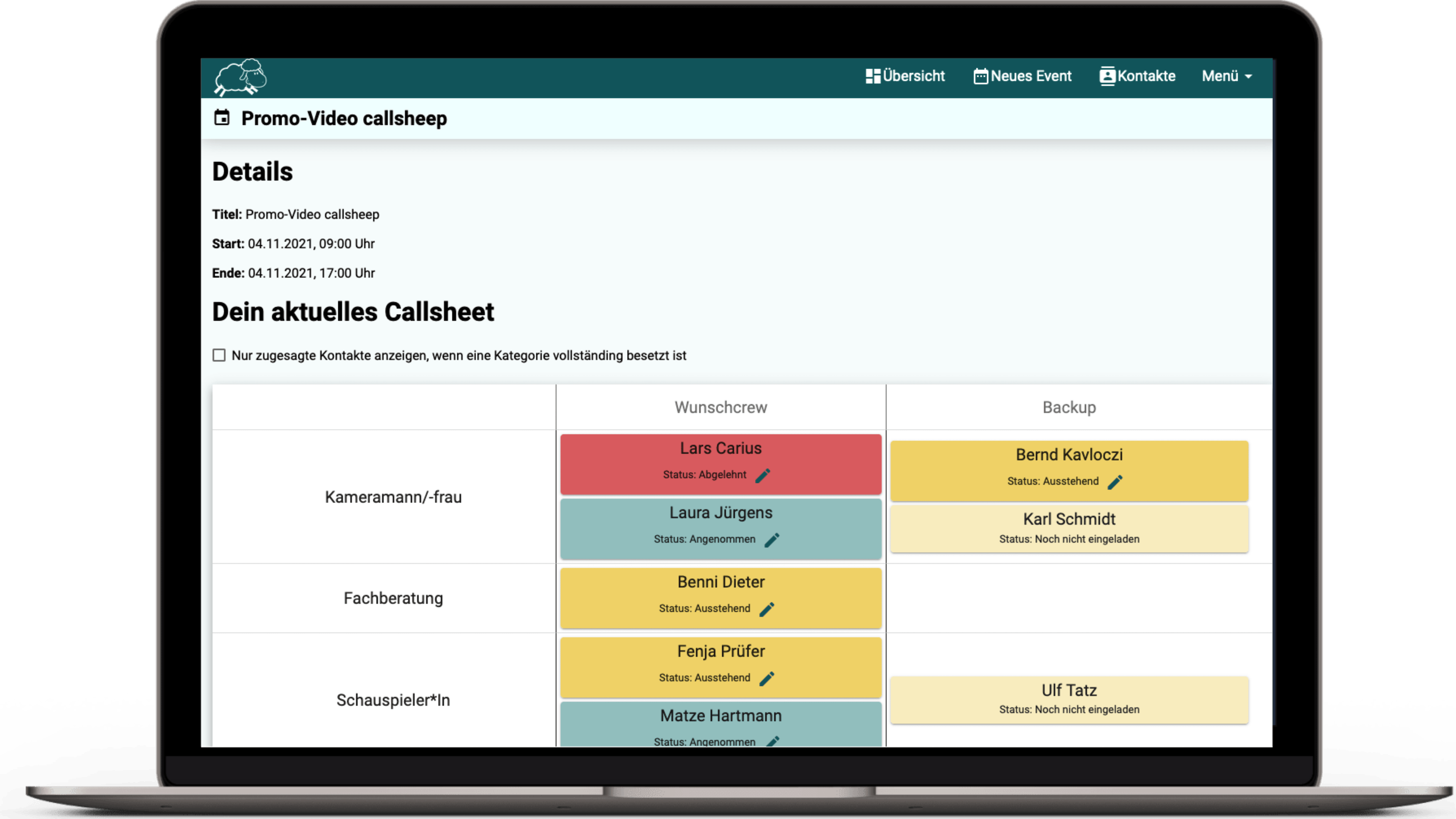 callsheep Demo - Übersicht der Crewplanung und callsheet